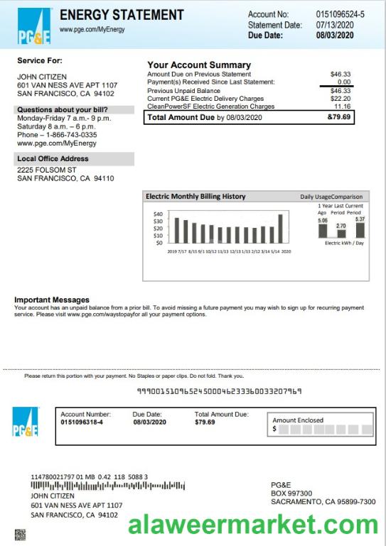 USA California PG&E electricity utility bill template in Word and PDF format